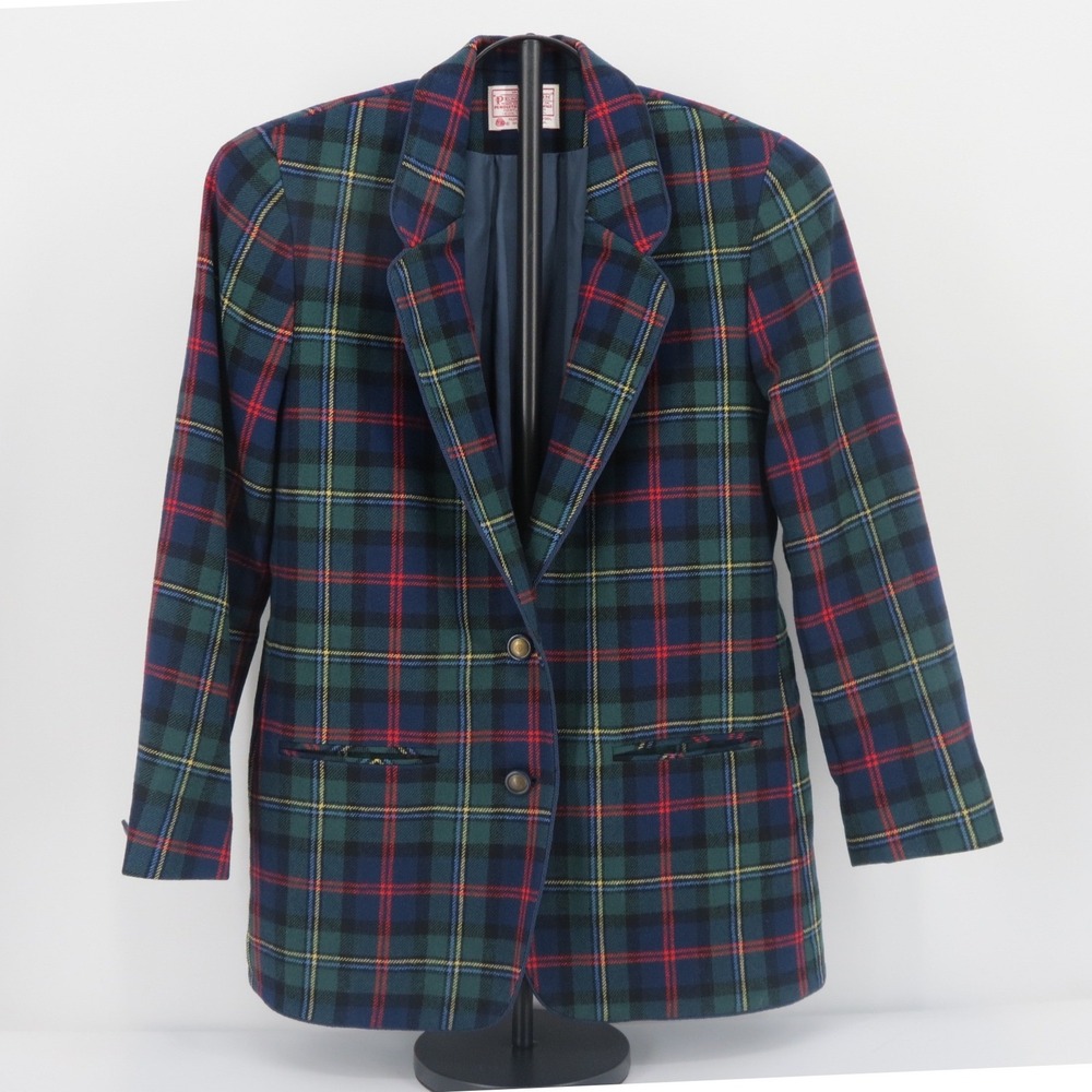 Pendleton Blazer Plaid Wool Green Blue Vintage Preppy Academia Women's 4 Petite